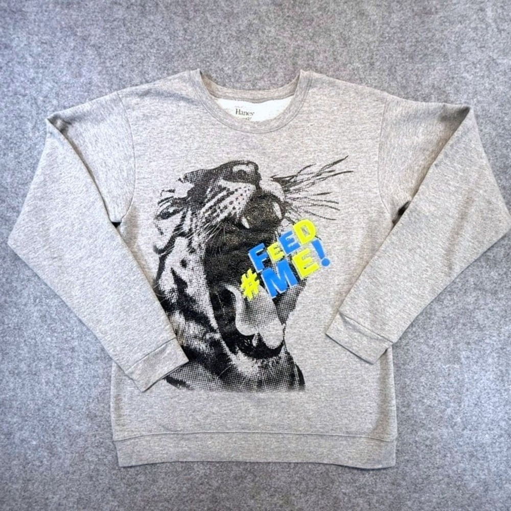 Hanes Boys XXL Grey Tiger Graphic Feed Me FreshIQ Fleece Pullover Sweatshirt